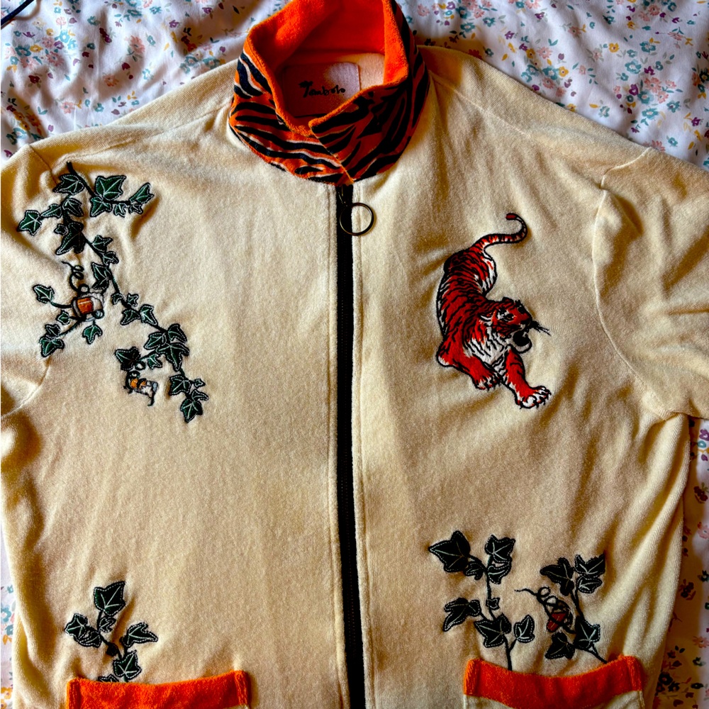 Orange and Black Zebra Print Collar Tombolo Terry shirt with Embroidery